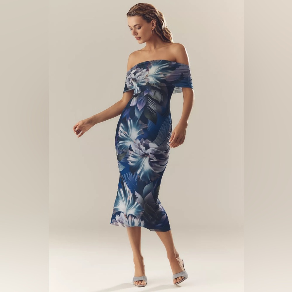ANTHROPOLOGIE AFRM Zamora Off-The-Shoulder Mesh Midi Dress Blue NWT XX-Small